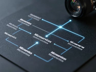 A clean, dark schematic diagram representing microservices connected by glowing lines, illustrating clean system architecture.