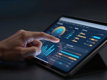 Close-up of a hand interacting with a tablet displaying analytics software, data visualizations, dark moody studio lighting, cerulean blue and gold tones, sharp focus, 35mm lens