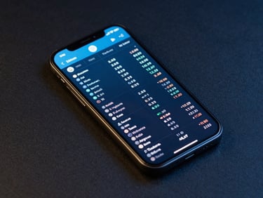 Mobile device displaying a social media interface with data overlays, dark moody studio lighting, cerulean blue and gold tones, sharp focus, 35mm lens