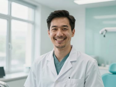 Professional editorial headshot of a male dentist in a clean teal-accented clinic, smiling warmly, soft natural window light, 35mm