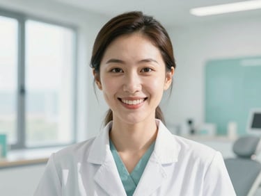 Professional editorial headshot of a female dentist smiling, modern bright clinic background, warm sunlit lighting, 35mm