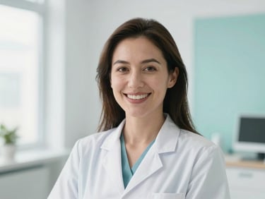 Professional editorial headshot of a female orthodontist in a bright modern office, warm friendly smile, shallow depth of field, 35mm