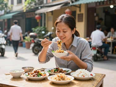 A street scene in Hanoi, Vietnam, with a teacher enjoying local food, natural light, warm tones