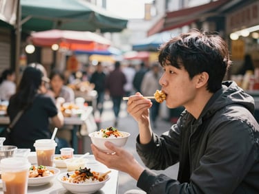A person enjoying street food in a bustling Seoul market, bright daylight, candid