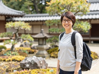 A teacher exploring a traditional Japanese garden, natural light, serene atmosphere