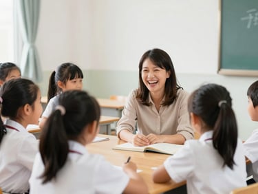 A teacher laughing with young students in a bright, clean classroom in Taipei, Taiwan, warm lighting.