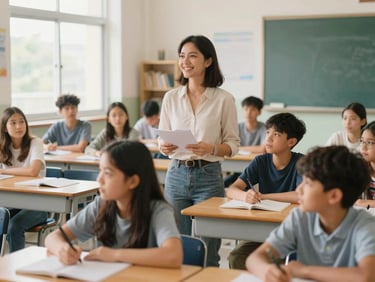A teacher confidently leading a lesson in a well-equipped international school classroom, diverse students, natural daylight, warm optimistic tones, shallow depth of field, 35mm.