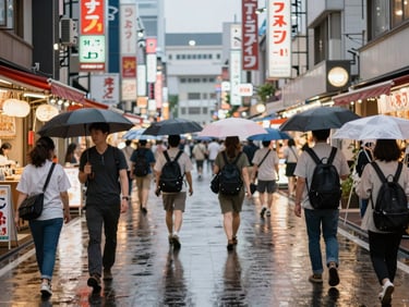 A bustling street market in Tokyo at dusk, neon lights reflecting on wet pavement, people walking with umbrellas, vibrant and energetic.