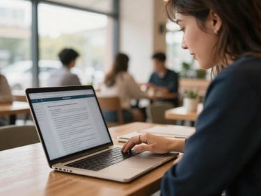 A person studying on a laptop in a bright, modern cafe, natural daylight, focus on screen with course material, travel-inspired setting, warm optimistic tones, shallow depth of field, 35mm.