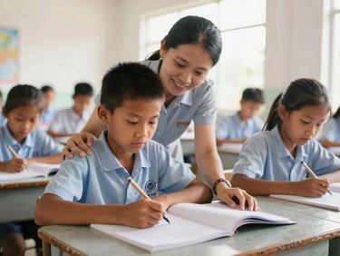 A teacher helping a student with homework in a rural Cambodian classroom, soft morning light.
