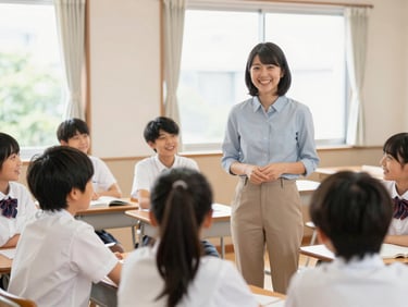 A teacher leading a fun activity in a Japanese classroom, students smiling, natural daylight streaming through a window.