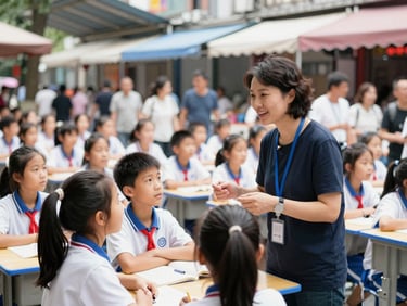 A bustling street market in Chengdu, China, with a teacher interacting with students in a bright classroom in the background, natural daylight.