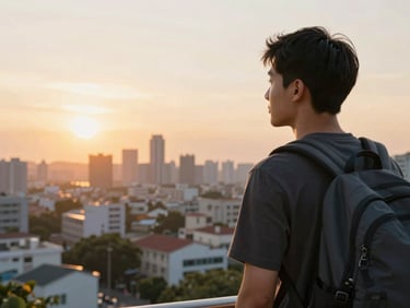 A young graduate with a backpack, looking out over a vibrant cityscape at sunset, sense of adventure and possibility, warm golden light.