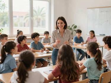 A teacher interacting with young students in a modern, bright classroom in Spain, large windows, natural light, diverse group of children.
