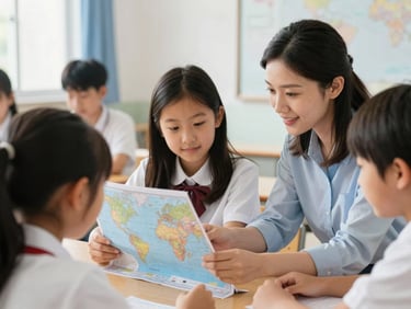 A teacher abroad helping a student with a map of the world, bright classroom, natural daylight, candid