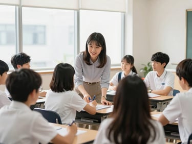 A modern classroom in Seoul, South Korea, with a teacher helping a small group of students, soft window light.