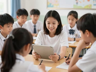 A person in a classroom setting, looking at a tablet while interacting with a small group of students, natural daylight, warm optimistic tones, shallow depth of field, 35mm.