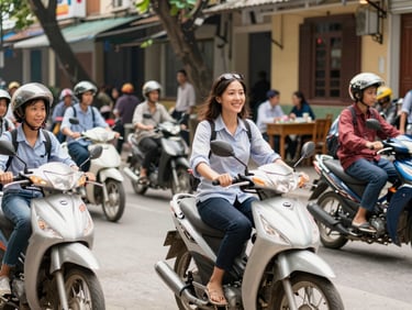A teacher and students on motorbikes in a bustling street scene in Hanoi, Vietnam, with a classroom setting in the background, bright natural light.