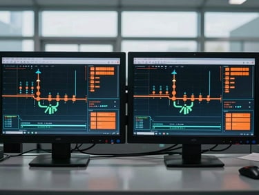 Close-up of dual-monitor control room workstation displaying active process safety schematics, safety orange status indicator, cool daylight lighting