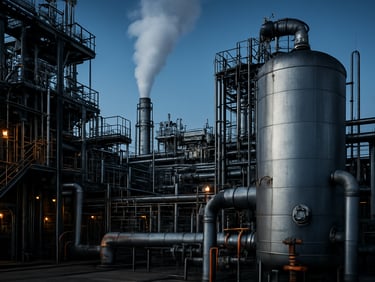 Industrial facility exterior at dusk, steam venting cleanly, sharp focus, technical engineering atmosphere
