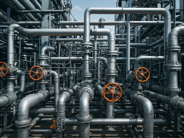 Wide shot of high-pressure piping manifold in a petrochemical plant, cool steel tones, sharp focus, 35mm