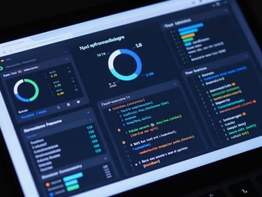 Macro shot of a high-fidelity UI mockup displaying website performance metrics and code snippets, cool blue backlighting, dark mode aesthetic, sleek tech photography