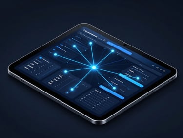 Isometric view of a modern e-commerce dashboard on a tablet, glowing blue lines connecting data points, dark background, sleek tech photography