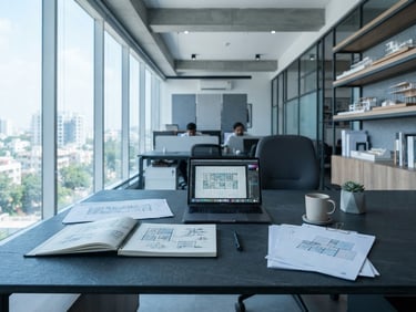 A bright modern corporate office workspace in Nellore, clean documents on a slate desk, cool natural daylight, professional architectural details.