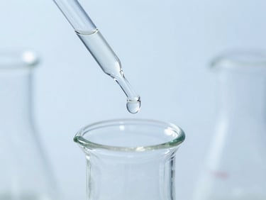 Macro close-up of a clear liquid being precisely dropped from a glass pipette into a laboratory flask, cool sterile blue lighting, clinical studio photography, sharp focus.