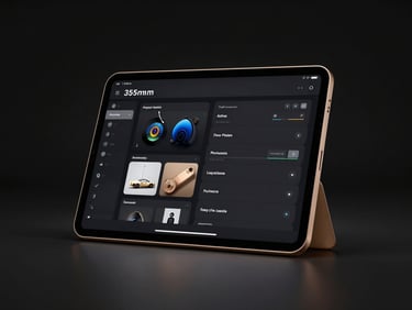 Sleek dark user interface design on a premium tablet screen, champagne gold highlights, dark studio setting, 35mm