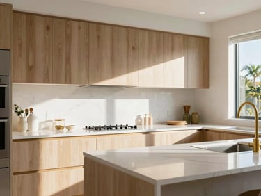 Bright editorial photography of a modern Florida kitchen, natural daylight streaming onto clean wooden cabinets and a polished countertop, soft gold accents, 35mm lens