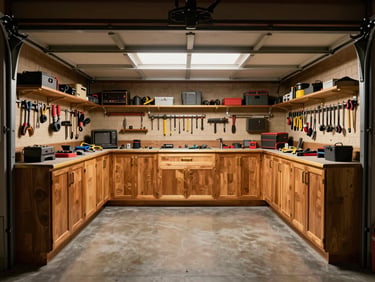 Symmetrical view of a dust-sealed garage interior, custom cabinetry with warm gold hardware, perfectly aligned wall tracks holding tools, polished concrete floor.