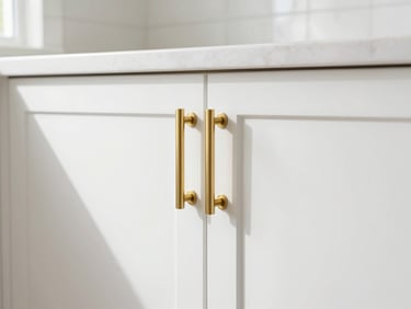 Pristine finished kitchen cabinet doors with modern gold hardware, bright natural light.