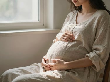 Soft portrait of a pregnant woman seated near a sunlit window, hands cradling her belly, linen fabric, morning light, calm and unhurried atmosphere