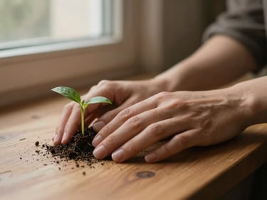 Close-up of a woman's hands resting on a wooden surface beside a small plant seedling, warm window light from the side, soft earth tones, intimate and still