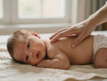 A mother's hand resting on a newborn's back while the baby lies on a cream cotton blanket, warm window light, intimate close framing