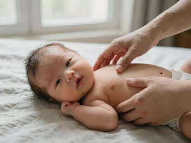 A parent's hand gently resting on a newborn's back, soft natural light from a nearby window, pale linen bedding, quiet and tender domestic moment