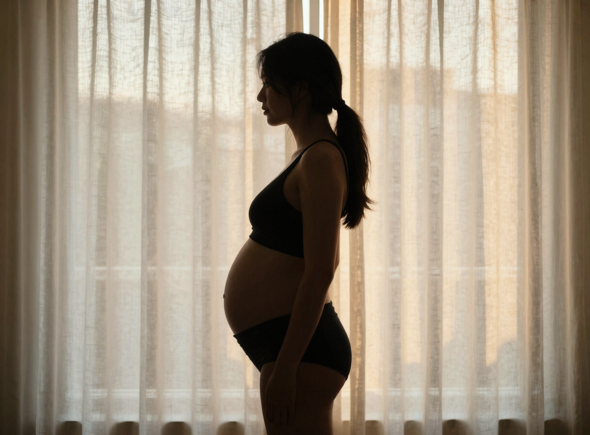 Pregnant silhouette in profile standing near a sun-lit window, white linen curtain diffusing warm golden light, calm and unhurried atmosphere