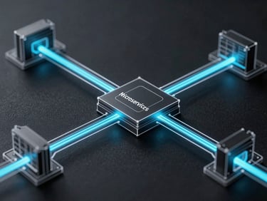 Monochromatic vector architectural schematic of a decoupled microservices pipeline, sharp white lines on a dark background, laser-cyan highlights indicating active data flow.