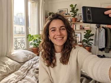 First-person perspective smartphone selfie of a young French woman with messy hair smiling in her bedroom, natural morning light coming through the window, casual social media style, high quality realistic photo