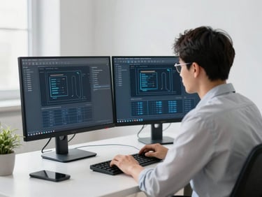 A software engineer analyzing system architecture diagrams on dual monitors, clean tech workspace, bright daylight, sharp focus