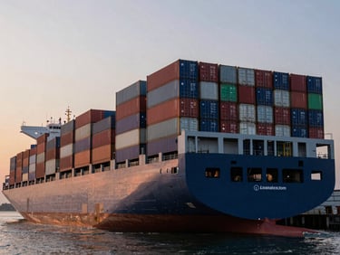Wide-angle view of a massive container ship stacked high with colorful shipping containers, shot from a low angle to emphasize scale against a twilight sky.