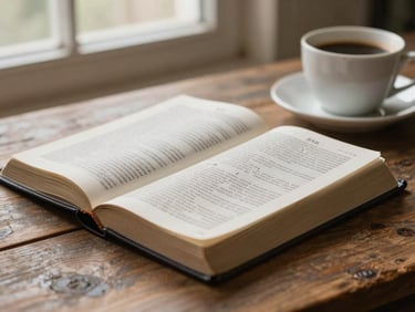 Close-up of an open Bible on a rustic wooden table next to a warm cup of coffee, soft morning window light.