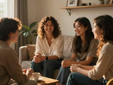 Candid shot of young people smiling and talking in a cozy living room during a small group meeting, warm golden hour lighting.