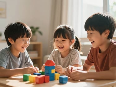 Candid medium shot of children laughing and playing with colorful blocks in a brightly lit, warm room, soft natural sunlight.