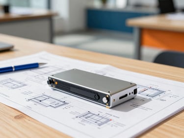 Close-up of clean modern tech hardware and blueprints on a light oak table, bright natural side-light, sharp focus