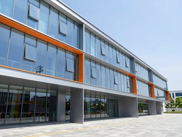 Angled architectural perspective of a modern tech hub exterior, bright daylight, clean steel and glass facade, 35mm