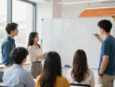 Collaborative team session around a physical whiteboard in a bright, high-key modern workspace, soft daylight
