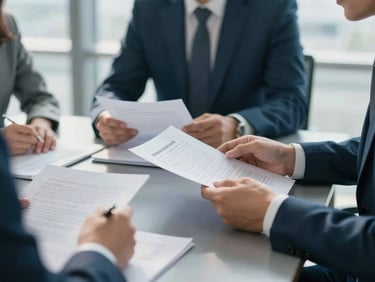 Collaborative meeting in a bright modern office with natural daylight, hands reviewing documents on a slate-topped table, shallow depth of field, 35mm
