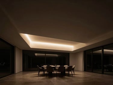 Linear architectural lighting fixture glowing with warm light in a minimalist modern villa dining room, low-key ambient light, high contrast, expansive ceiling.